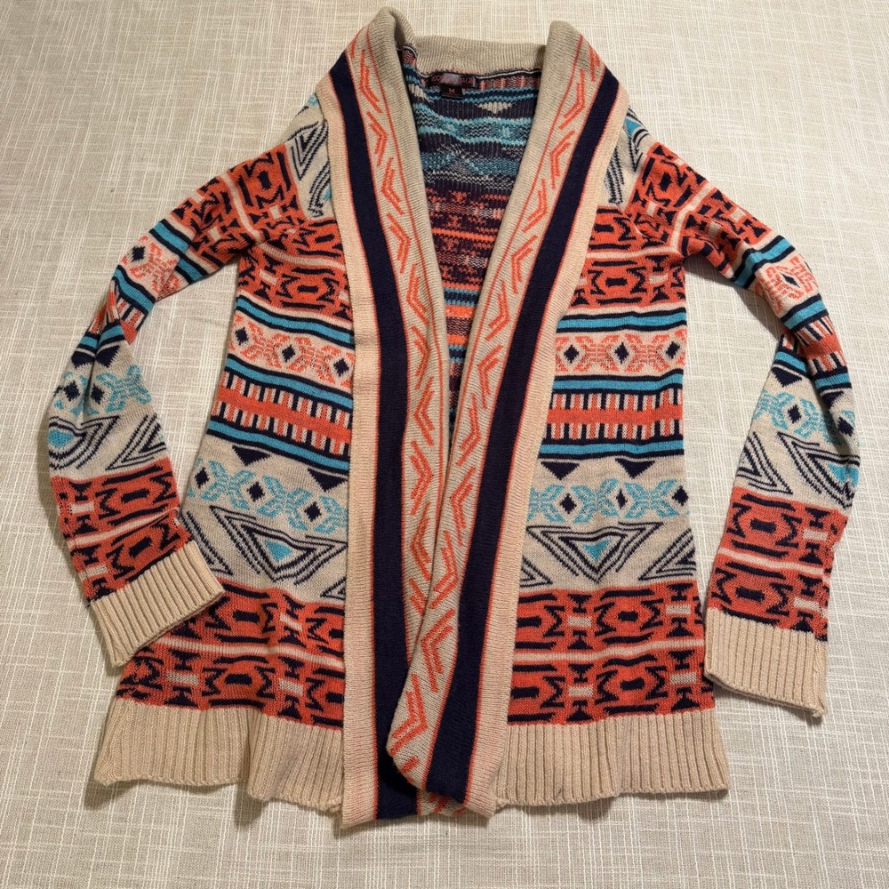 Rock and Roll Cowgirl Southwestern Geometric Open Front Cardigan Sweater M‎